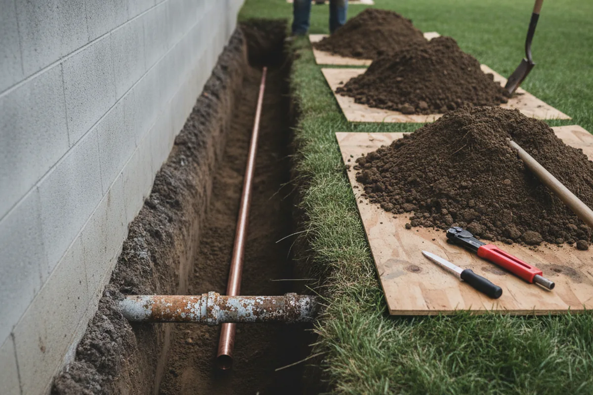 Excavated water line trench during Water Softener Installation in Sanderson